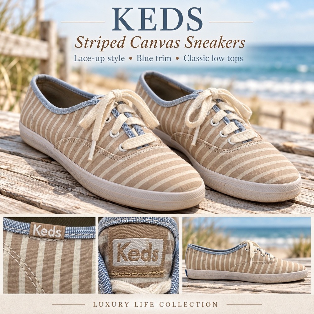 Keds Champion Women 8.5 Tan Cream Striped Canvas Low Top Sneakers WF46408